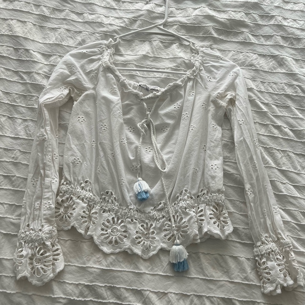 Rebecca Minkoff White Eyelet Blouse with Tassels